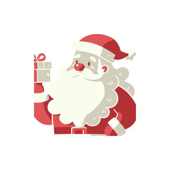 Cheerful Santa Claus holding a gift, set against a simple white background, perfect for holiday themes