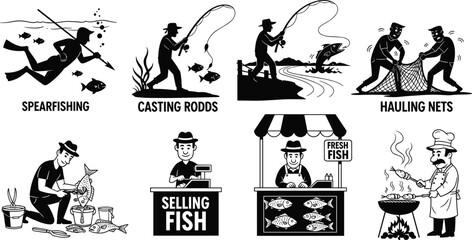 Silhouette vector of spearfishing, rod casting, net hauling, fish selling, market vendor, seafood cooking, fishing industry and lifestyle