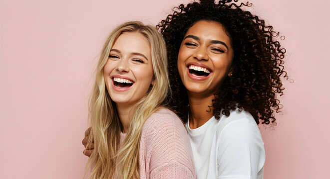 Two diverse happy young women laughing together friendship joy happiness positive vibes best friends cheerful smiles pink background studio shot female models - Powered by Adobe