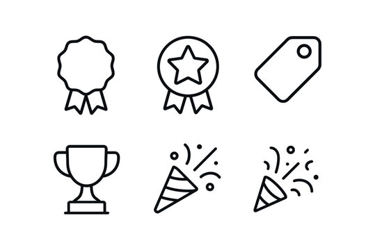 vector outline icons work anniversary celebration (milestone badge): badge icon star ribbon number years date tag trophy cup confetti spray.