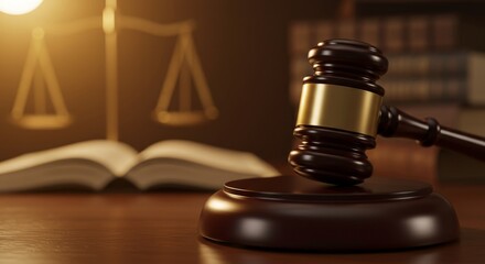 Close-Up Judge’s Gavel on Courtroom Desk with Wooden Texture and Law Background