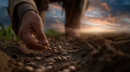 A man sows seeds along a freshly tilled field at dawn, some landing on rich soil, others on stones, golden light casting hope on the timeless parable of faith and growth.