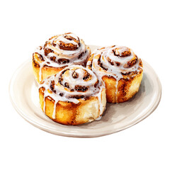 Fototapeta premium Watercolor Illustration of Three Cinnamon Rolls Topped with White Icing on a Plate
