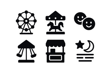 vector solid black filled icons night festival (rides): Ferris wheel carousel lights happy faces moving swings ticket booth neon signs.