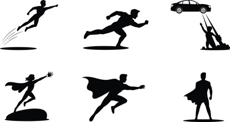 Silhouettes of superheroes in action poses, flying, running, standing, and rescuing a person from danger in comic style © Sabbir's World