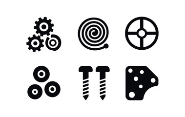 vector solid black filled icons pocket watch (mechanism): gears springs balance wheel jewel bearings screws metal plate.