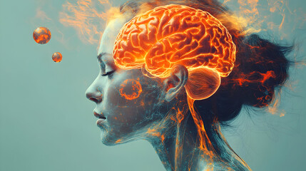 Futuristic digital portrait of woman with vibrant brain imagery for innovative design