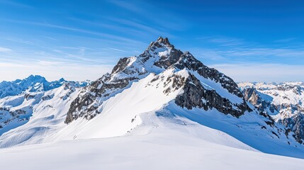 Majestic Snow-Capped Mountain Against Clear Blue Sky in Alpine Landscape
