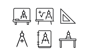 vector outline icons drawing compass (geometry class): chalkboard formulas triangle ruler compass notebook desk.