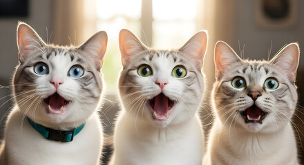 Three adorable cats with big eyes and open mouths looking surprised happy playful pets feline friends kitty kittens meow purr domestic animals