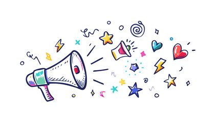 Hand drawn megaphone with doodle elements for advertising, promotion, announcement, and communication purposes