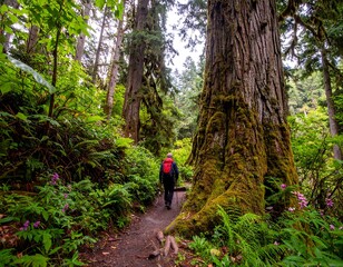 Fototapeta premium Lush forest trail with hiker