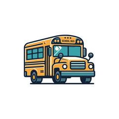 Colorful school bus illustration parked on a street with trees in the background