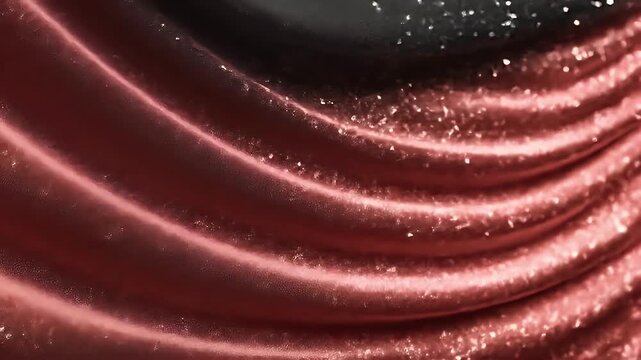 Close-up view of a rich, rose-gold fabric with textured waves and shimmering particles.  A gradient effect transitions from dark rose to a lighter shade, showcasing a dramatic, luxurious look