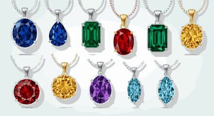 A collection of gemstone pendants with silver chains in various colors and shapes displayed together