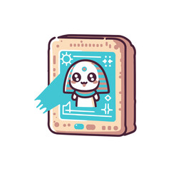 Cute animated character displayed on a digital screen with playful graphics in a whimsical setting