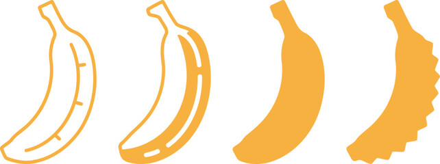 Collection of banana illustrations in different styles, from outlined to filled and textured.