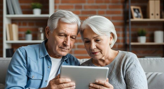 Senior couple using tablet technology together at home enjoying retirement digital lifestyle connection family elderly people grandparents - Powered by Adobe