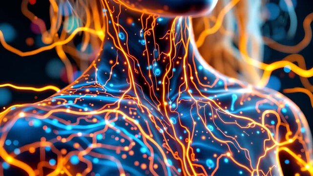 Digital Network of the Human Body: A luminous and intricate digital representation of the human body, showcasing the complex network of veins and nerves in a vibrant, futuristic style.