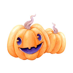 Watercolor illustration of two pumpkins, one smiling with carved eyes and mouth. Playful and festive style, perfect for Halloween cards, party decor, kids crafts, or seasonal digital use.