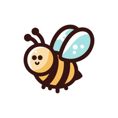 Cute cartoon bee with big eyes and colorful wings, flying against a simple white background