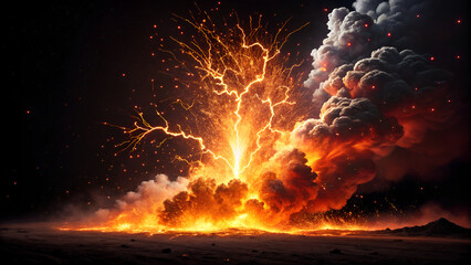 “Dramatic volcanic eruption at night with glowing lava and ash clouds illuminated by thunder and lightning. Explosive natural scenery symbolizing power, energy, destruction, danger, and apocalyptic fo