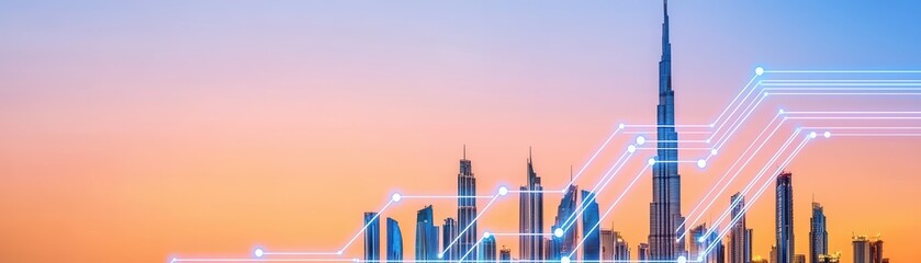 Obraz premium Modern skyline with digital connectivity and data visualization over cityscape at sunset