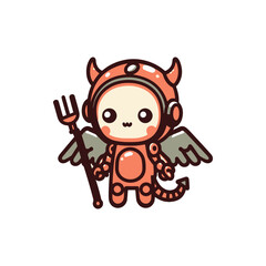 Cute cartoon character dressed as a devil with wings and a pitchfork, playful and whimsical