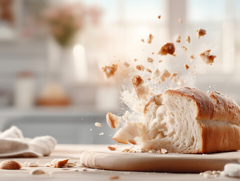 Freshly Made Bread particles with Warm Light on top kitchen counter.