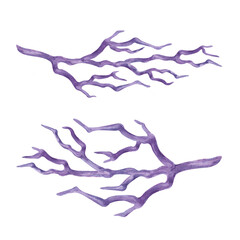 Watercolor illustration of two bare, twisted tree branches in purple tones on a white background. Hand drawn clip art for design of cards, banners and invitations on the theme of autumn, Halloween