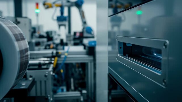 Flexible circuit roll unspooling and feeding into photolithography exposure unit in highvolume flexible electronics manufacturing line.