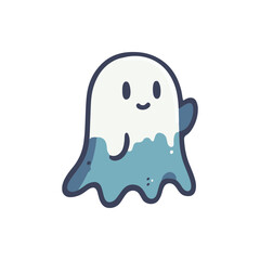 Obraz premium Cute cartoon ghost character waving with a cheerful expression, floating above a blue wave