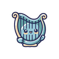 Cute cartoon harp character smiling while holding its body, set against a plain white background