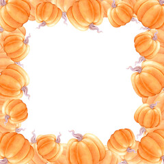 Watercolor illustration of an orange pumpkin frame border on a white background. Perfect for Halloween or autumn-themed invitations, cards, scrapbooking, and festive printables.