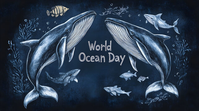 World ocean day chalkboard art with whales and ocean life for environmental awareness