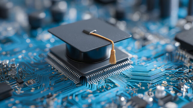 A graduation cap resting atop a microchip on a blue circuit board with a blurred background - Powered by Adobe