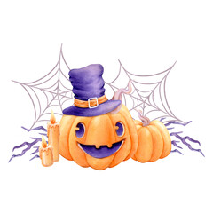Watercolor illustration of a smiling pumpkin in a witch hat with candles and spider webs on a white background. Great for Halloween invitations, party decor, kids’ crafts, or spooky greeting cards.