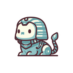 Cute cartoon sphinx character wearing a pharaoh headdress, sitting on a plain background