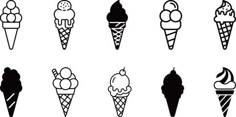 Set of cute ice cream cone icons with different flavors and topping styles.