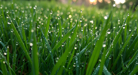 Obraz premium Morning Dew on Lush Green Grass Blades Sparkling Sunlight Fresh Nature Background
