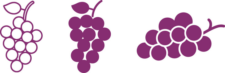 A set of ripe grape illustrations in both outline and solid silhouette styles with a purple hue.