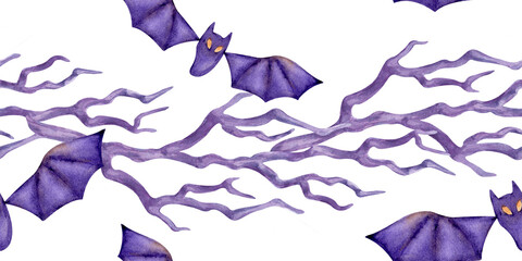 Watercolor illustration of purple bats flying among twisted tree branches on a white background. Seamless border, hand drawn, for Halloween patterns, wrapping paper, backgrounds, or spooky party decor