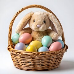 Easter Bunny with Colorful Eggs/A cute Easter bunny sitting beside a basket filled with colorful painted eggs, isolated on white background. Perfect for festive designs and holiday promotions.