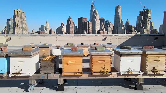 Rooftop beehives sit against a city skyline, with bees buzzing around the wooden boxes