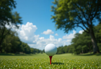 Golf Ball on Tee in Scenic Fairway