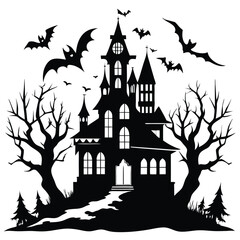 Spooky Haunted House Silhouette with Bats and Bare Trees for Halloween Illustrations