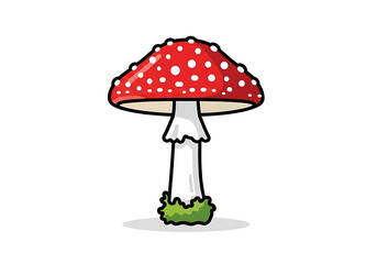 A vibrant, cartoonish depiction of a fly agaric mushroom, featuring a large, red cap dotted with white spots, against a bold black background.