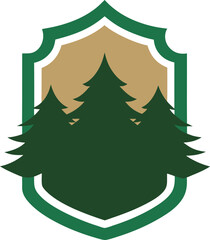 Forest emblem with pine trees and shield shape