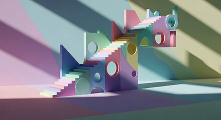 Whimsical pastel playground with geometric steps and playful arches evoking a sense of wonder and