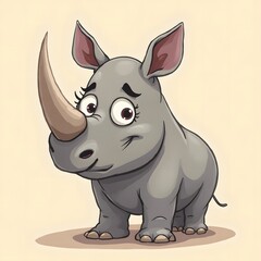 Obraz premium Adorable Cartoon Rhino Standing on a Light Beige Surface Expressing Innocence and Wonder with Oversized Eyes and a Playful Posture